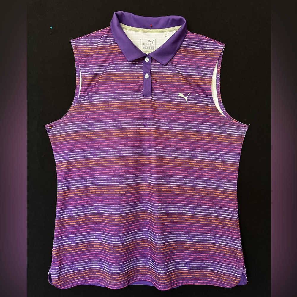Puma, XL, Purple w/ Stripes of Orange, White, and Purple, Sleeveless Golf shirt